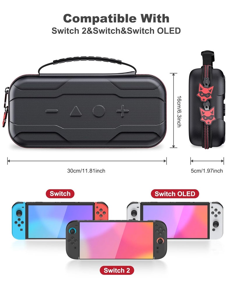 AXYBCOOL Store Switch 2 Case Compatible with Nintendo Switch 2(2025)/Switch/Switch OLED, Portable Hard Shell Switch 2 Travel Case for Accessories and Games with Cute Fox Shaped Zippers-Black - Image 2